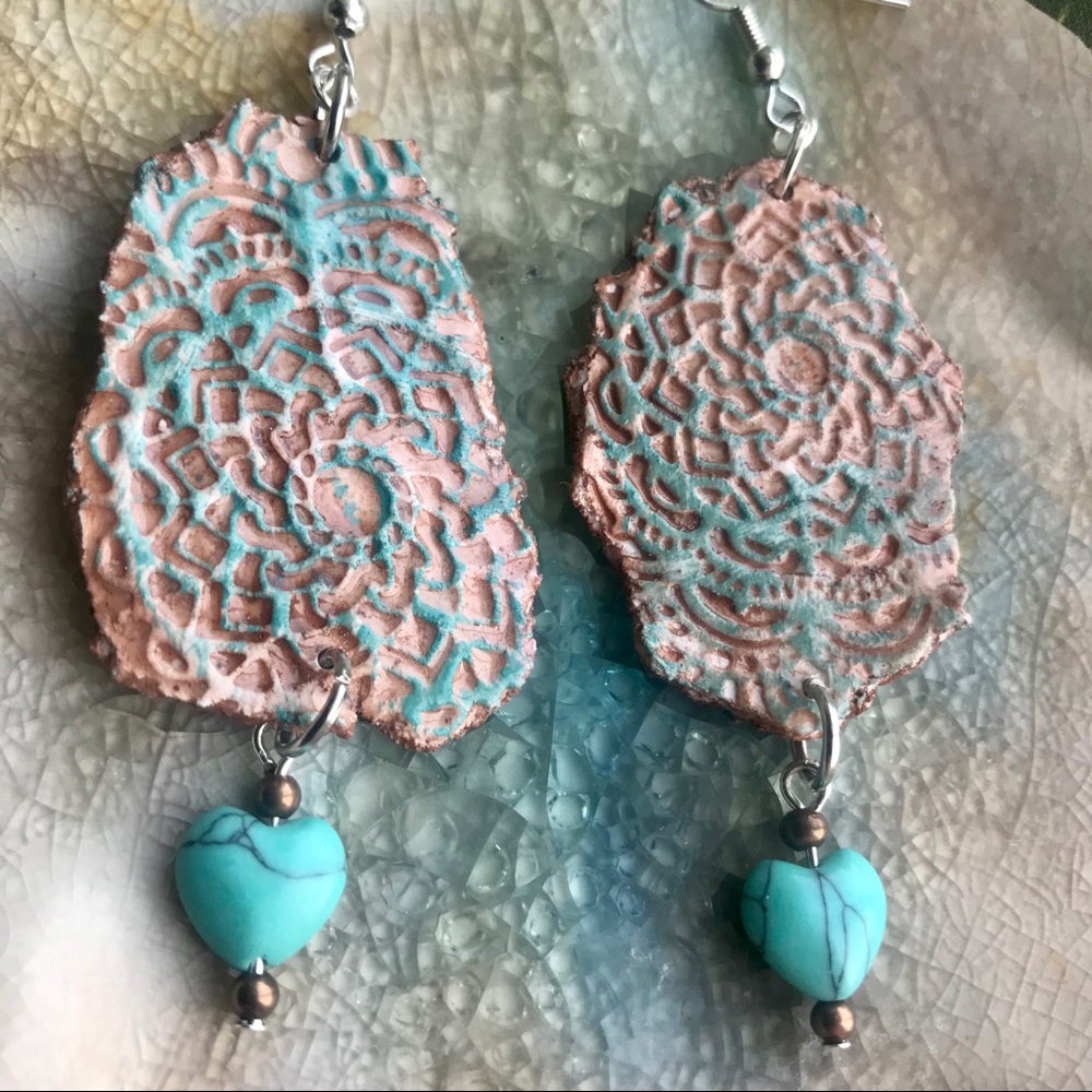 Boho Lace Polymer Clay Dangle Earrings OOAK